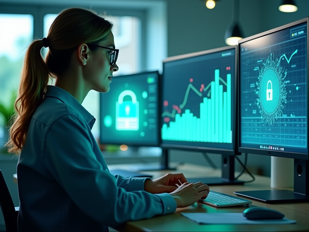 Woman analyzing cybersecurity data on dual monitors in a dark office.