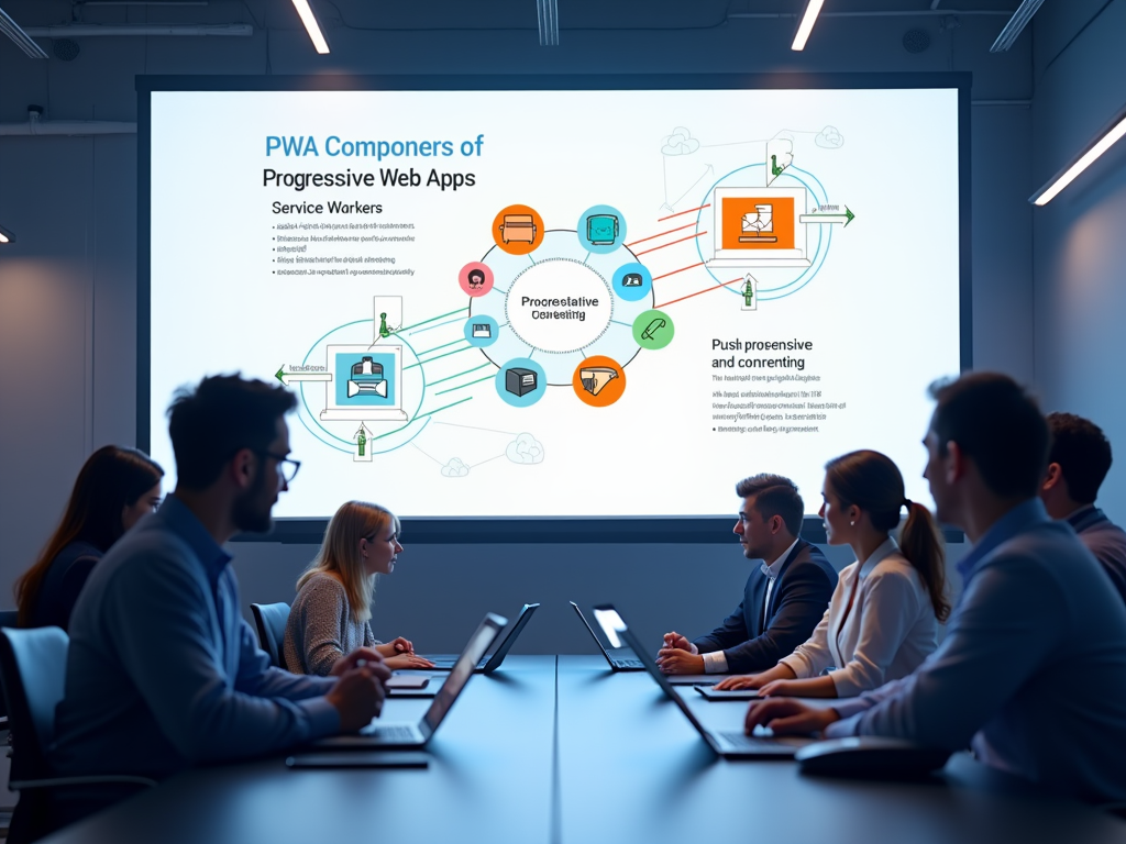 Professionals in a meeting room viewing a presentation on Progressive Web Apps components.