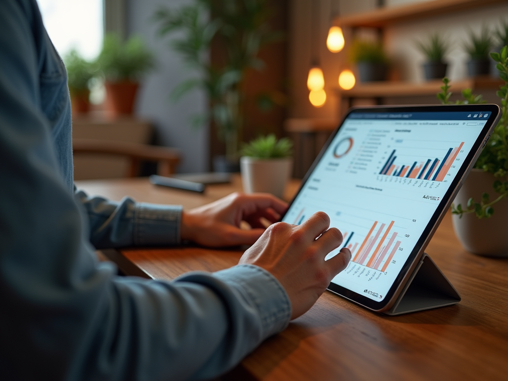 Person analyzing financial charts on a tablet in a cozy office setting.