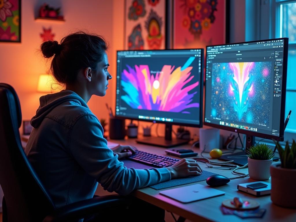 Woman working at a desk with two monitors displaying vibrant digital art in a dimly lit room.