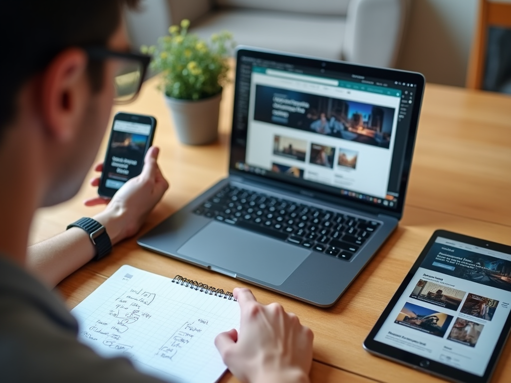 Person multitasking with a laptop, smartphone, and tablet on a wooden desk, taking notes.