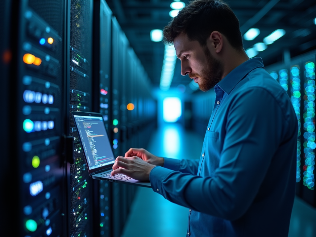 Man using laptop in server room, analyzing data surrounded by lights and equipment.