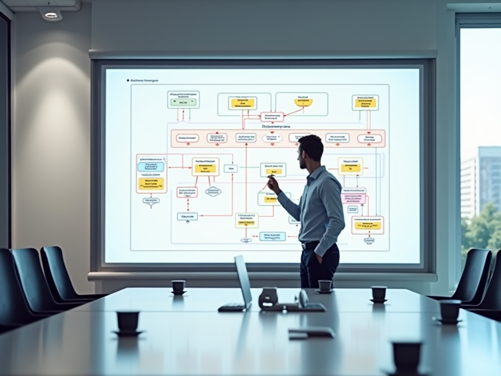 Man in a conference room analyzing a complex flowchart on a digital display.