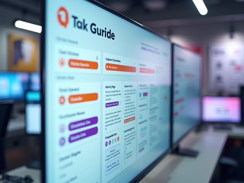 Close-up of a blurred digital screen displaying task management software interface called "Tak Guride" in an office setting.