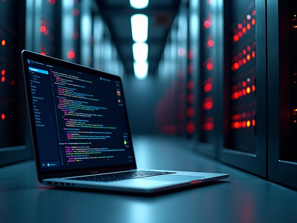 Open laptop displaying code in a server room with blue and red lights.