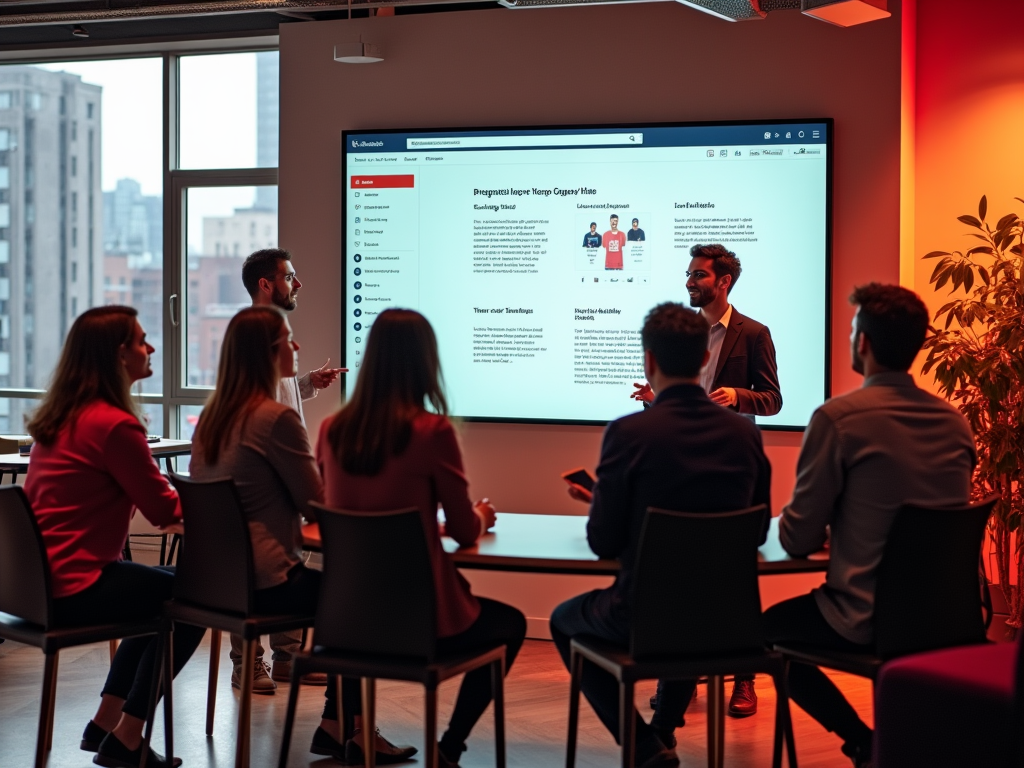 Man presenting to colleagues in a meeting room with a projector screen displaying a website.