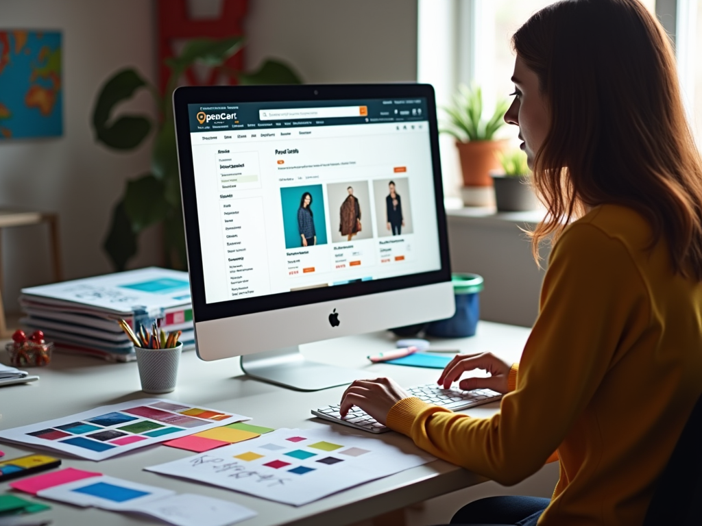 Woman in yellow sweater shopping online on OpenCart site on an iMac in a colorful workspace.