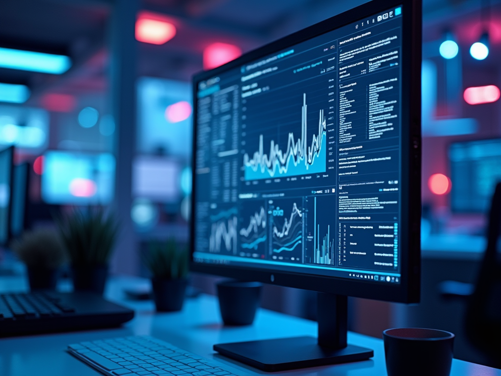 Modern office with computer screens displaying data analysis charts, in a blue-lit room.