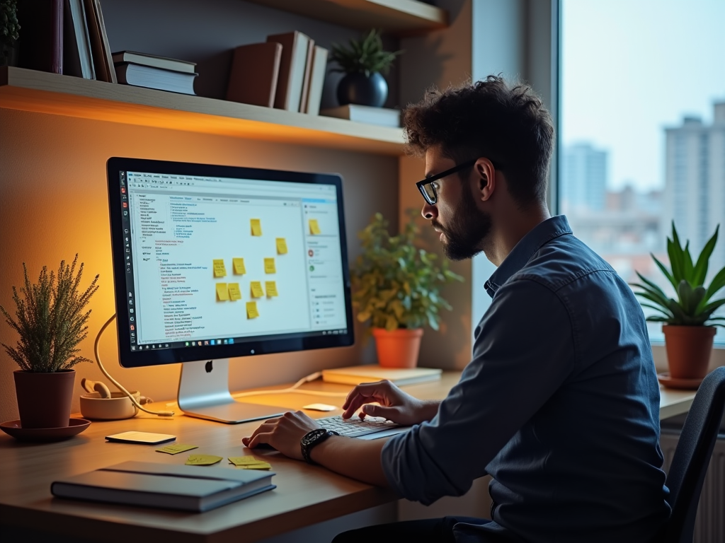 Man with glasses working on a computer in a cozy, plant-filled office at dusk.