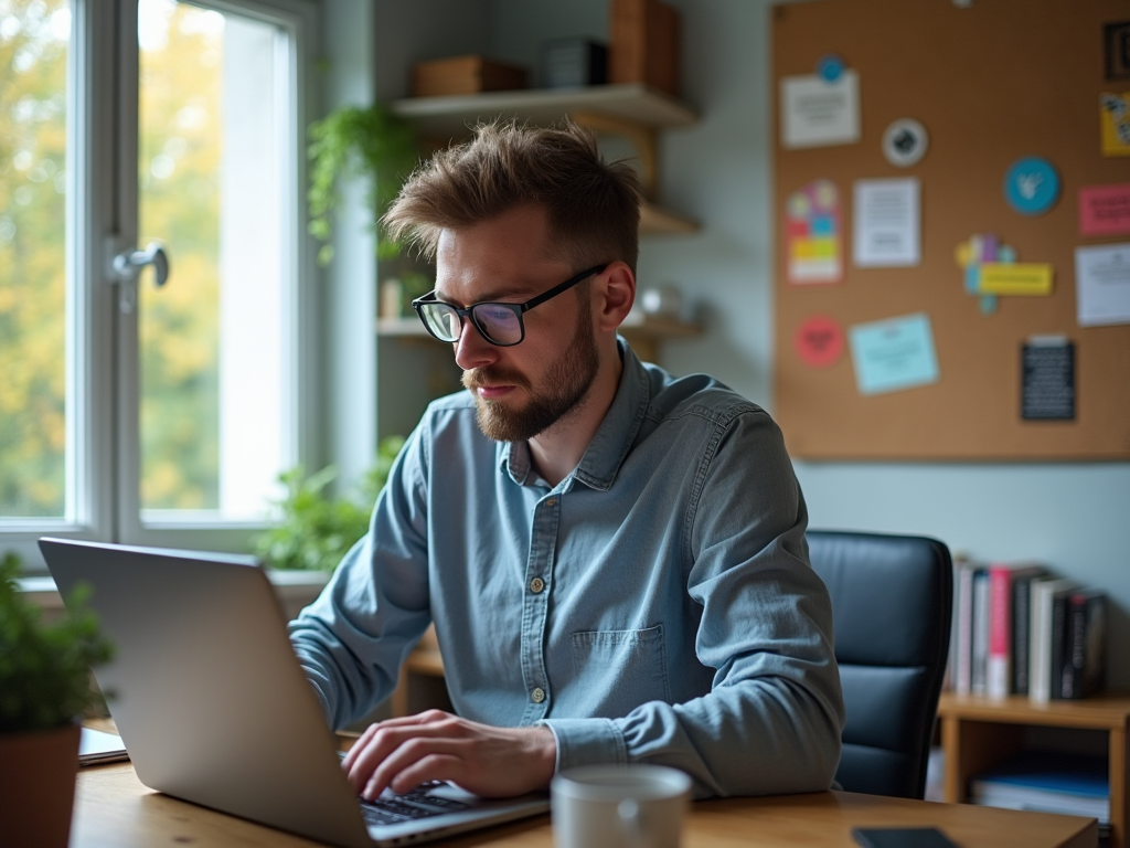 Man with glasses working on laptop in a bright, plant-filled office.