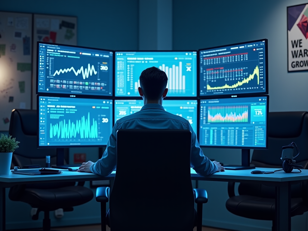 Man analyzing data on multiple screens in a dark office.