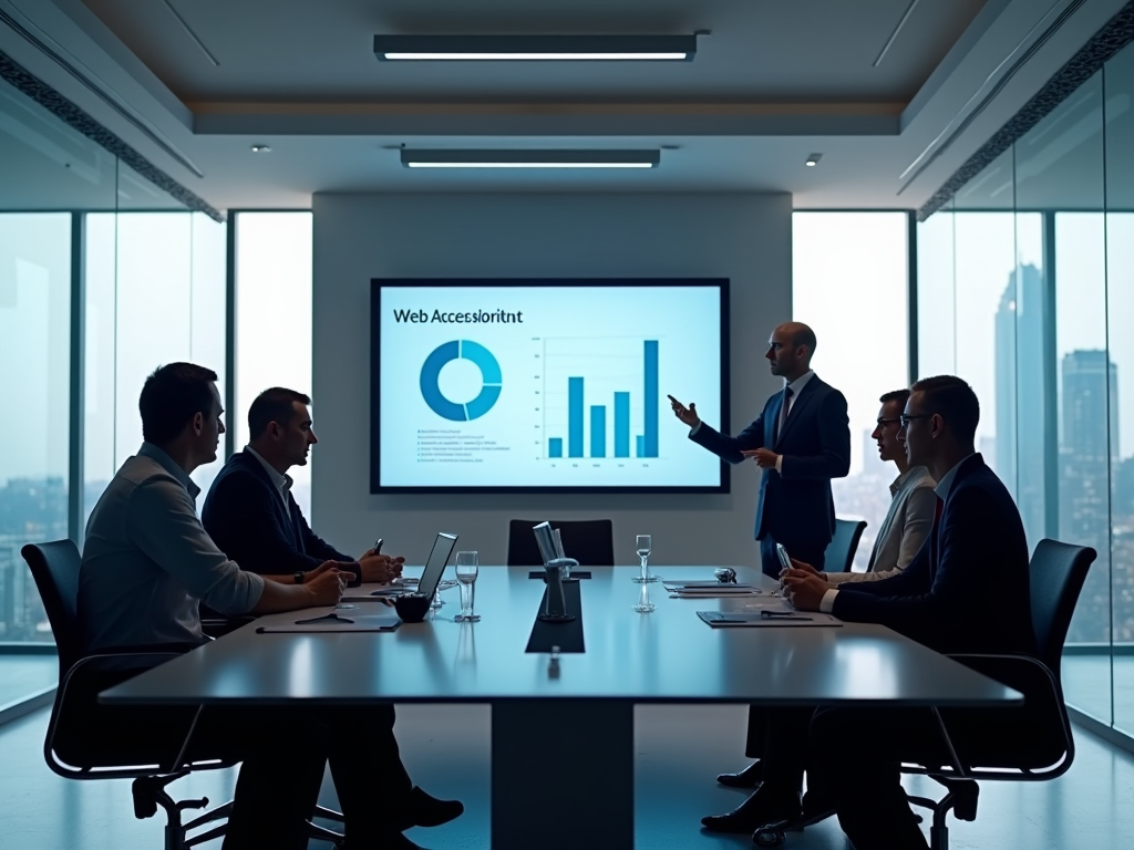 Businessman presenting web accessibility chart to colleagues in a modern office boardroom.