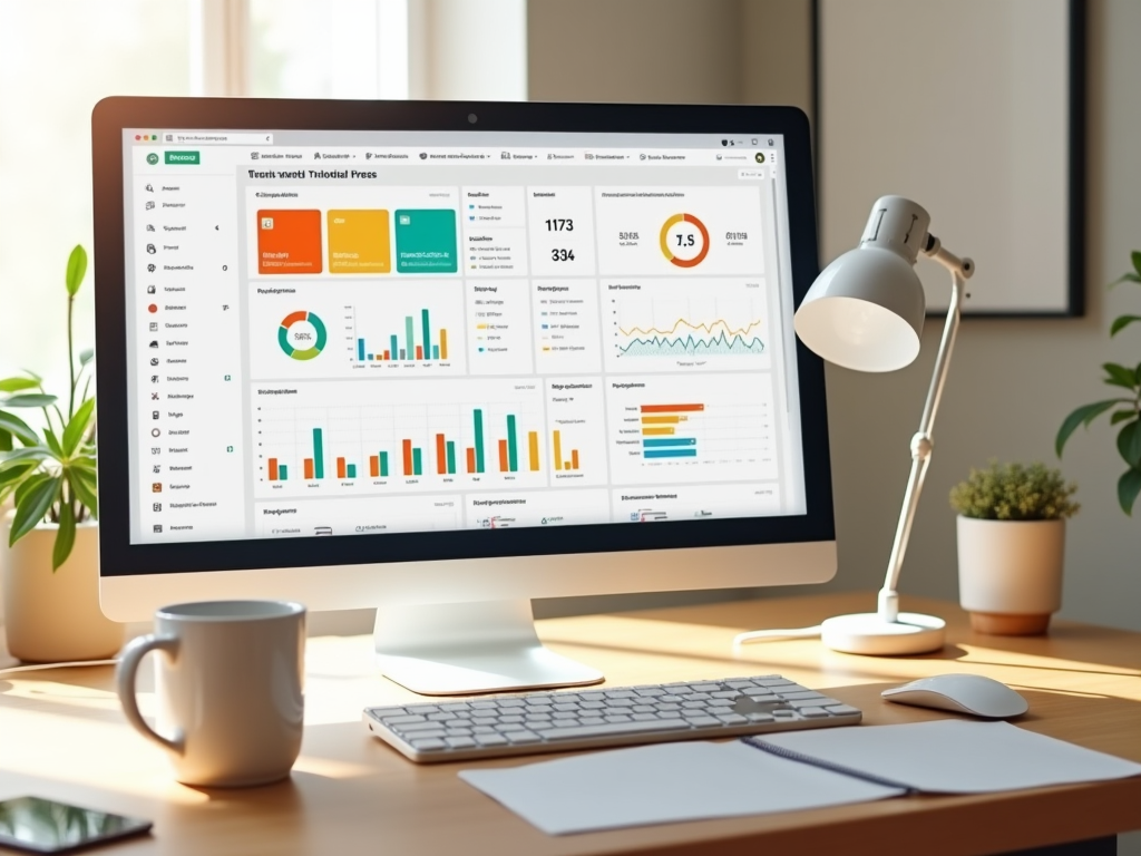 Modern workspace with computer displaying analytics graphs, a desk lamp, and a mug.