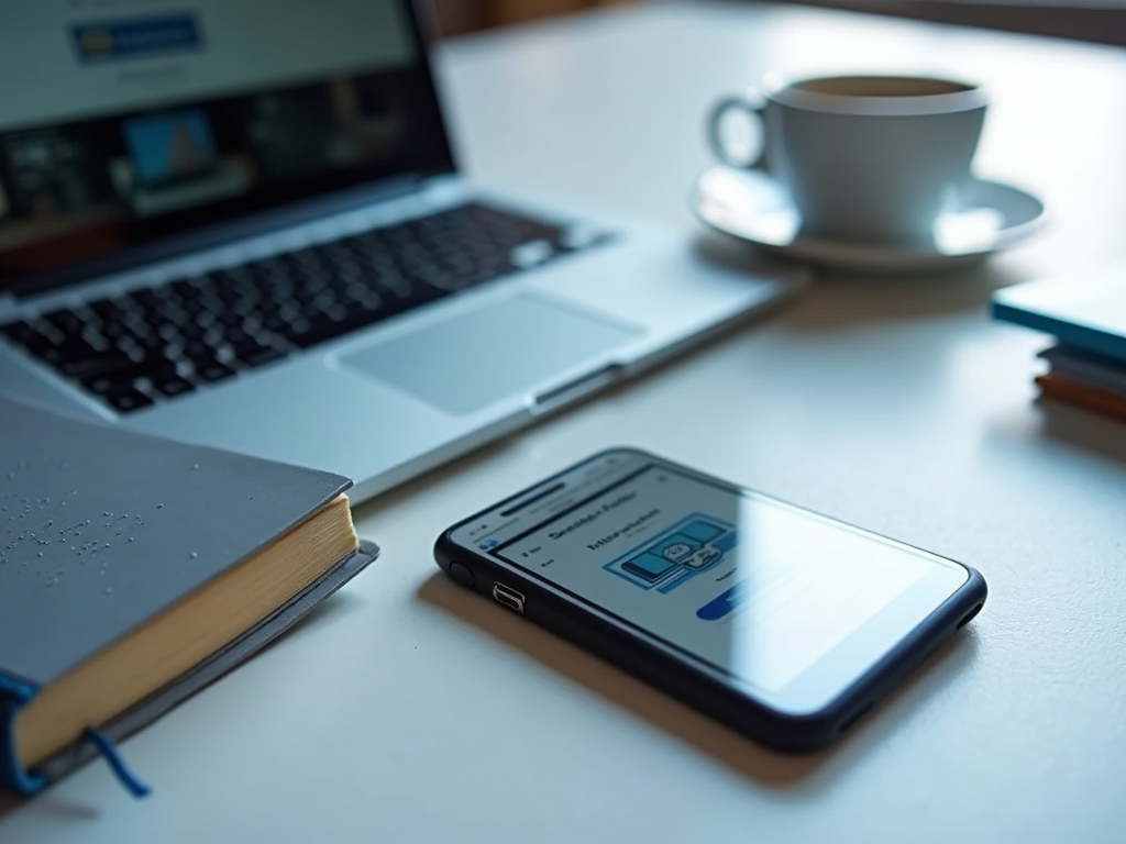 Laptop, smartphone showing an app, coffee cup, and books on a table, depicting a modern workspace.