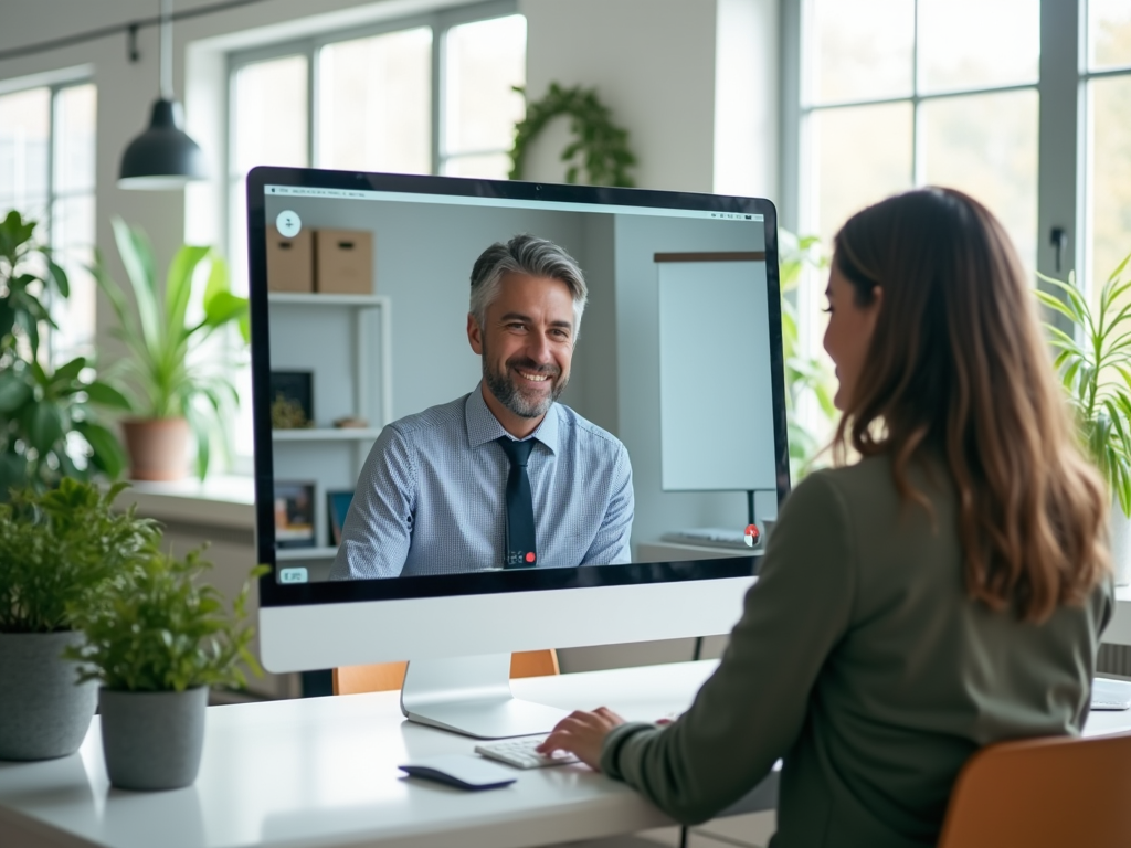 Woman in a virtual meeting with a smiling man displayed on her computer screen.