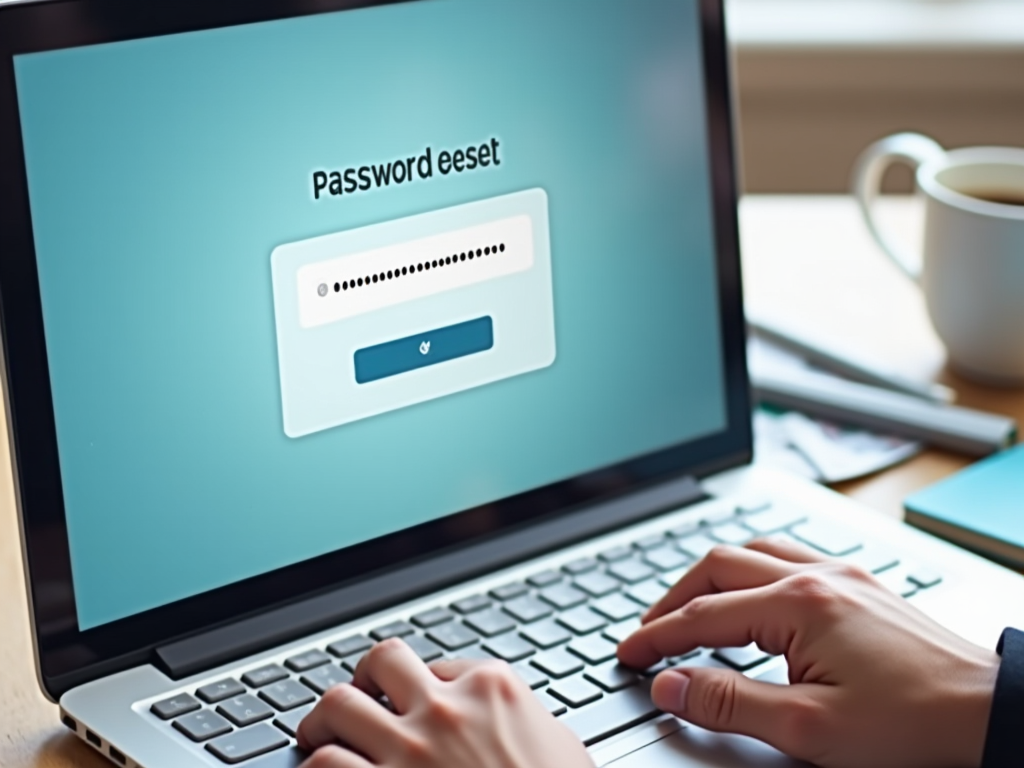 Person typing on laptop with a password reset screen displayed.