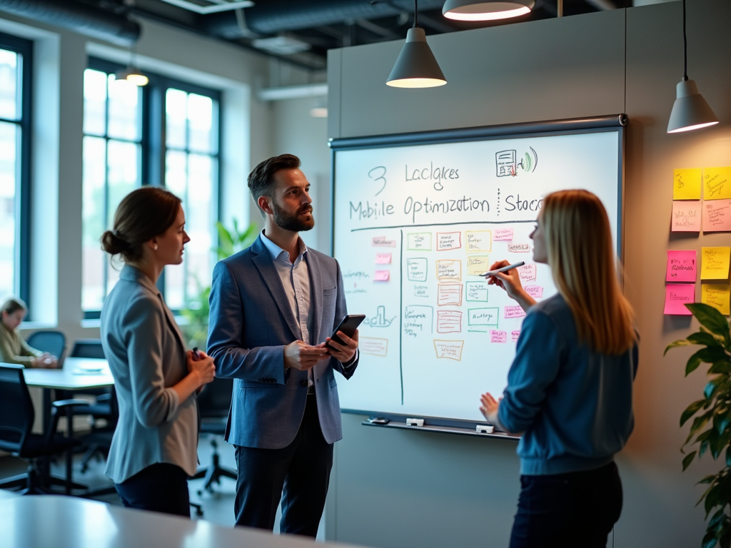 Business team discussing strategies at a whiteboard covered in flowcharts and sticky notes in a modern office.