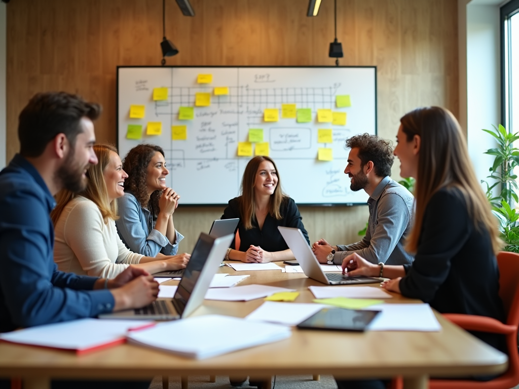 Five professionals smiling and engaging in a meeting with laptops and a whiteboard with notes in a modern office.