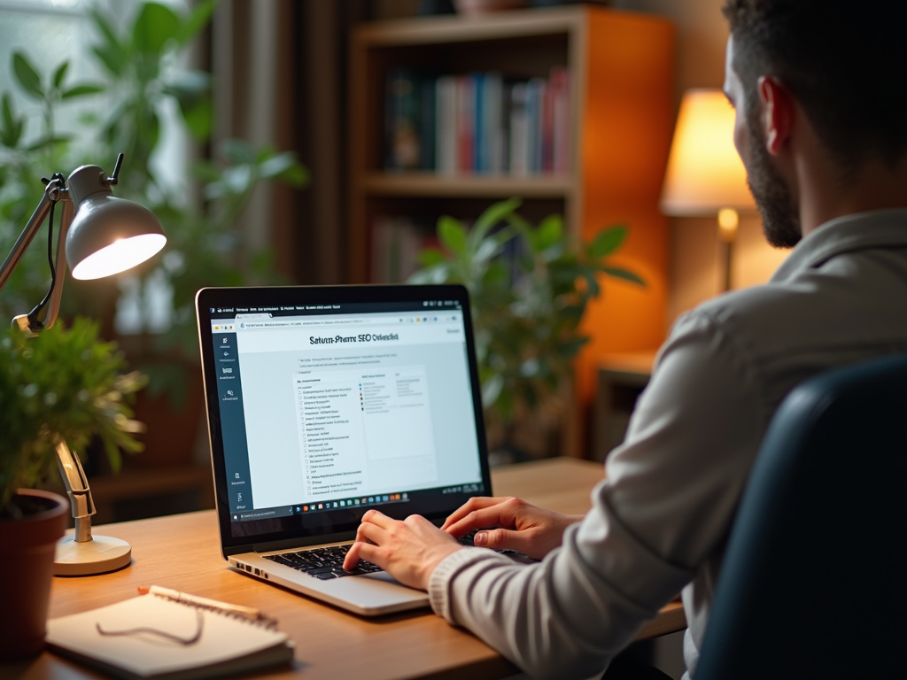 Man working on a laptop with SEO checklist visible on screen in a cozy, bookshelf-lined home office.