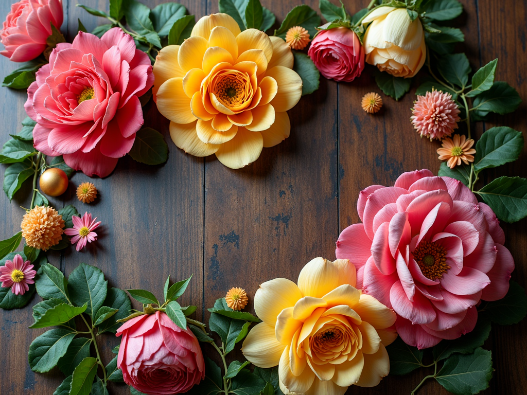 Colorful flowers arranged on a wooden surface, including large pink and yellow blooms.