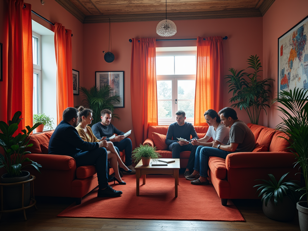 Group of seven people in a cozy, warmly-lit room with red decor, discussing papers and devices.