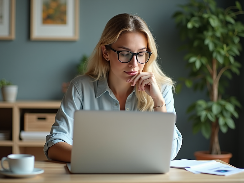 Woman with glasses focused on laptop in cozy home office with plants and coffee cup.