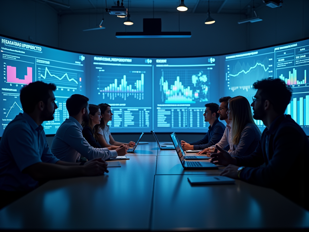 Professionals in a meeting room with laptops, analyzing data on large digital screens.