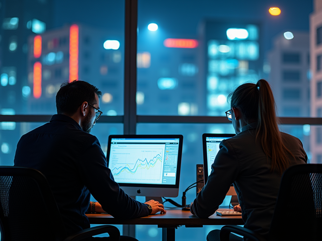 Two professionals analyzing data on computer screens in a night office setting with city lights.