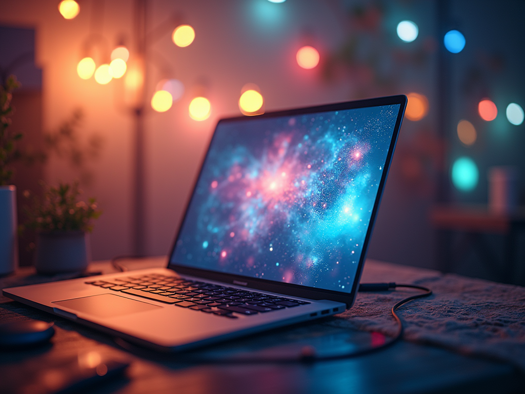 Laptop displaying a galaxy wallpaper on a desk with soft lighting and blurred lights in background.