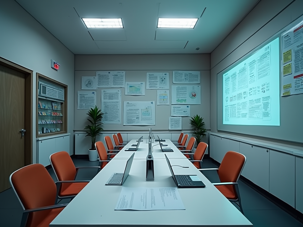 Modern conference room with orange chairs, laptops, and walls displaying informative posters.