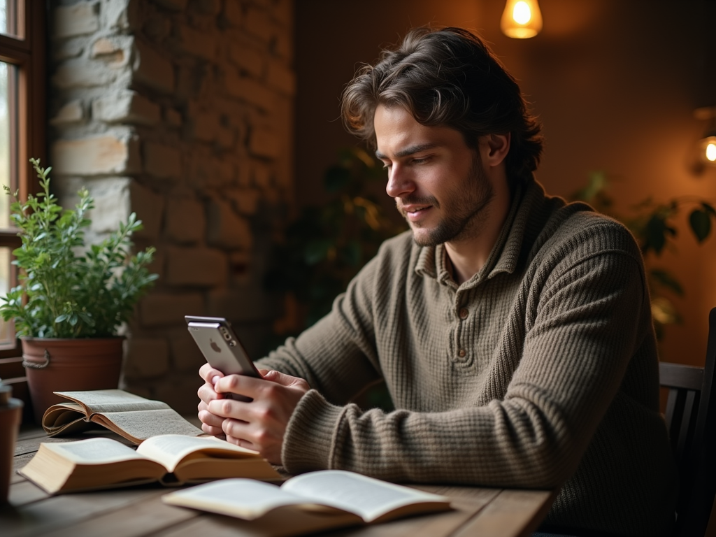 Man in a cozy sweater using a smartphone at a table with books and plants, in a warmly lit room.