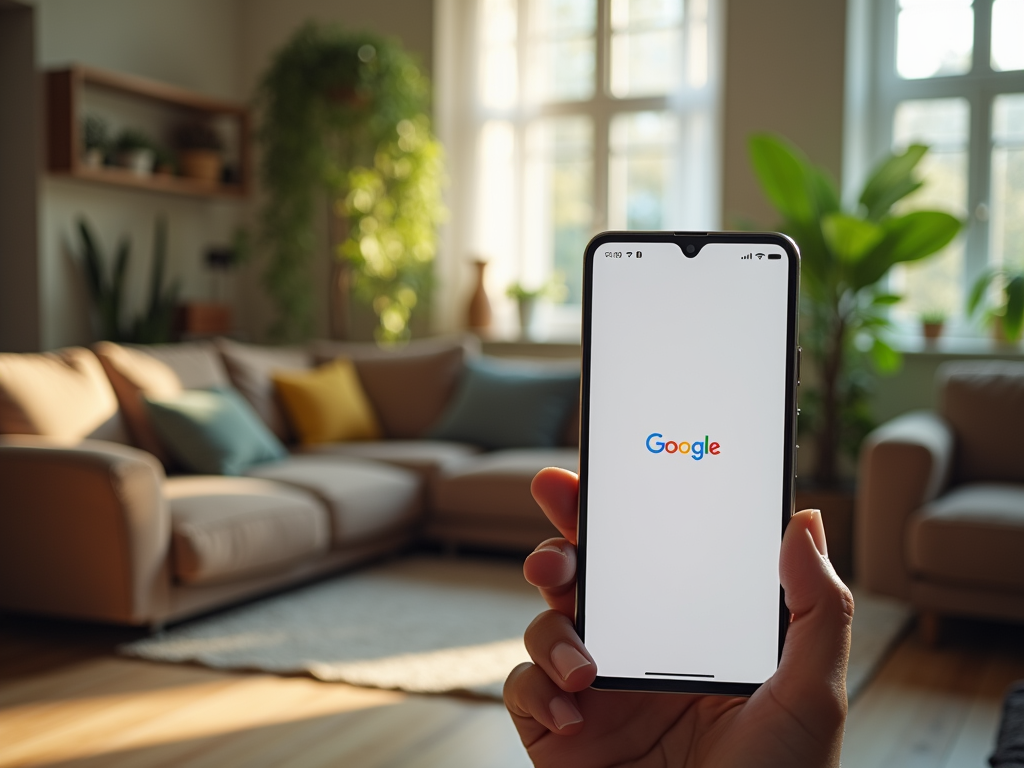 A hand holds a smartphone displaying the Google logo in a cozy living room with a sofa and plants.