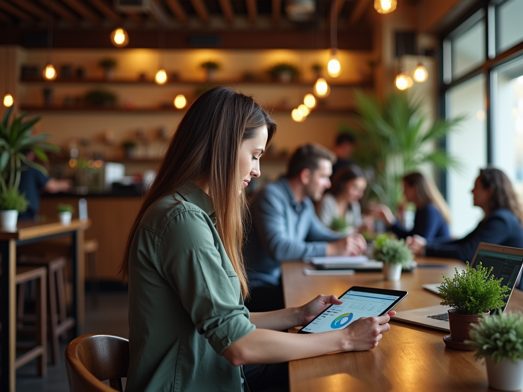 A woman sits at a table in a cafe, using a tablet, while others engage in discussion around her.