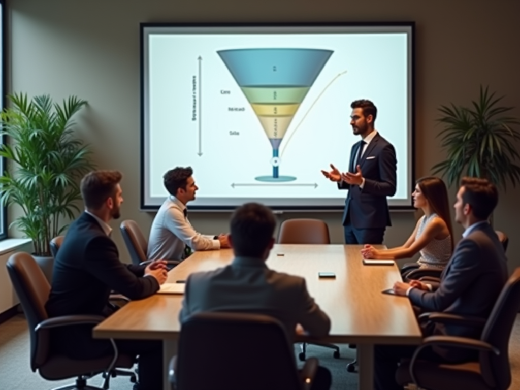 A professional meeting where a speaker discusses a funnel diagram with engaged participants around a table.