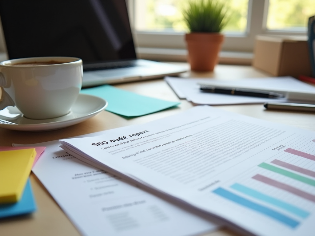 A desk with a cup of coffee, an SEO audit report, sticky notes, and a laptop in a bright workspace.