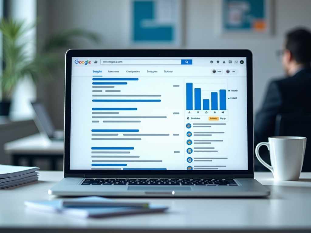 A laptop showing a Google search page with blue highlighted links and a chart, next to a coffee cup on a desk.