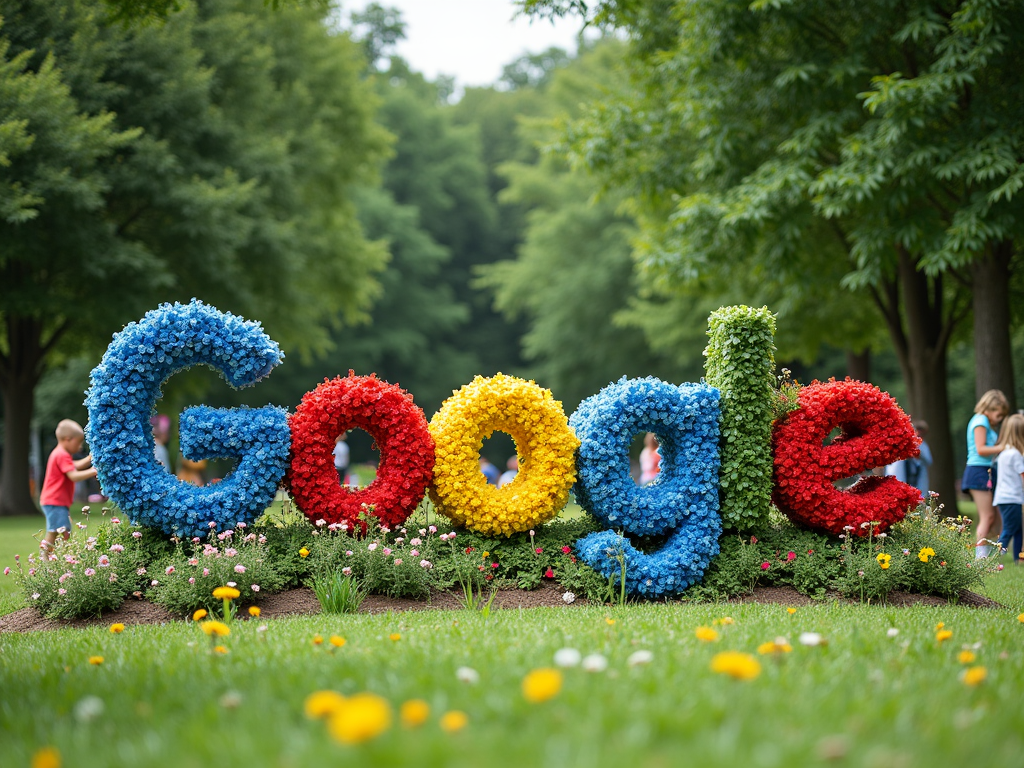 Colorful floral arrangement spelling "Google" in a park, with children playing nearby and greenery in the background.