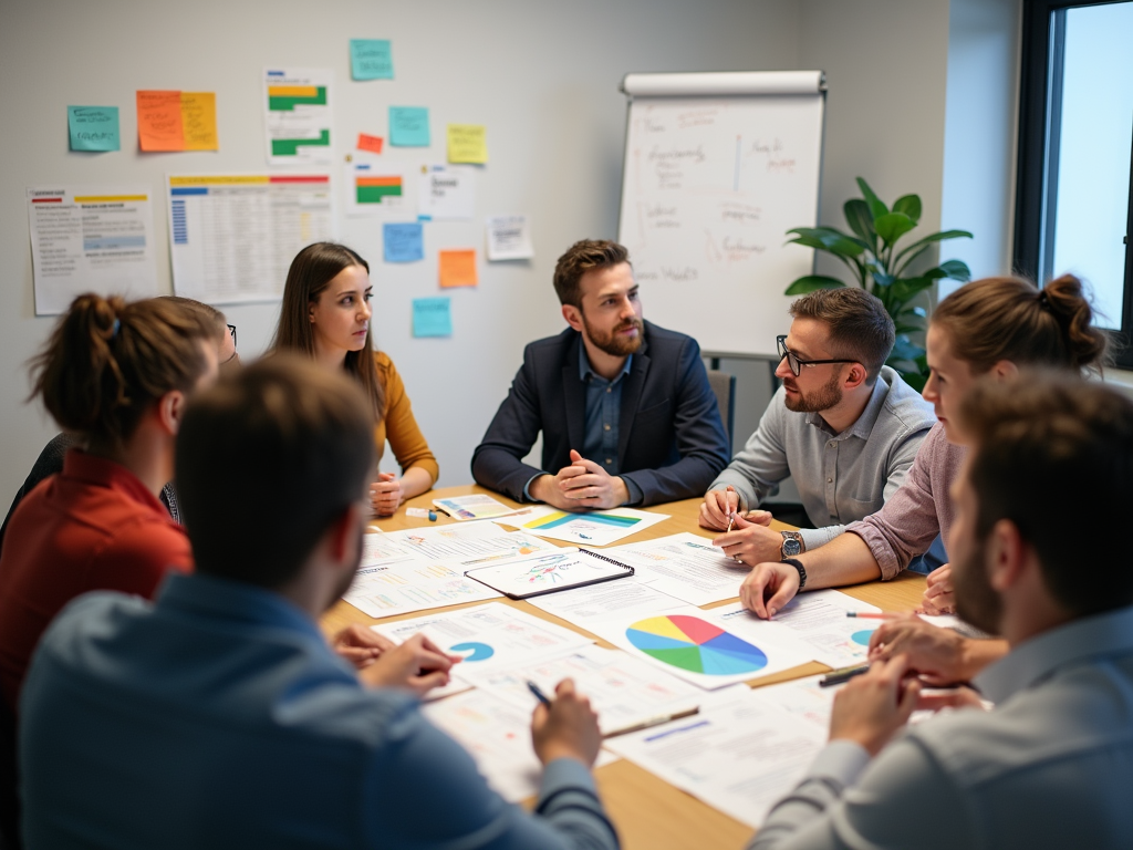 A group of professionals engaged in a meeting, discussing papers and charts on a table in a modern office.