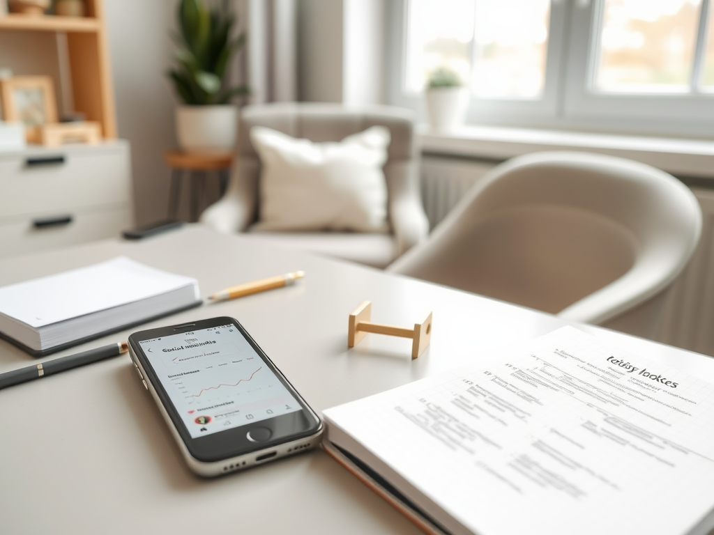 A desk with a smartphone displaying a graph, notepad, pen, and a small wooden stand in a bright room.