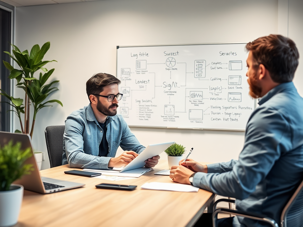 Two men in a meeting discussing ideas, with a whiteboard filled with diagrams and notes in a modern office setting.