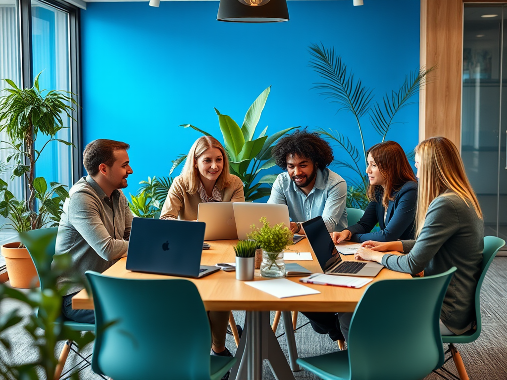 A diverse group of professionals collaborates around a table with laptops in a bright, green office setting.