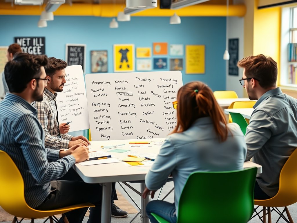 A group of four people in a meeting, discussing ideas while looking at a whiteboard filled with notes.