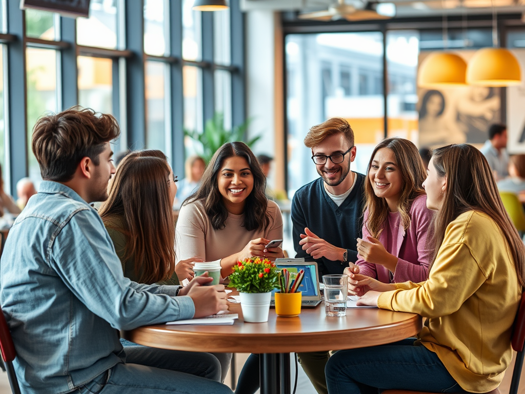 A group of six friends engages in lively conversation around a table in a bright cafe, smiling and enjoying each other’s company.