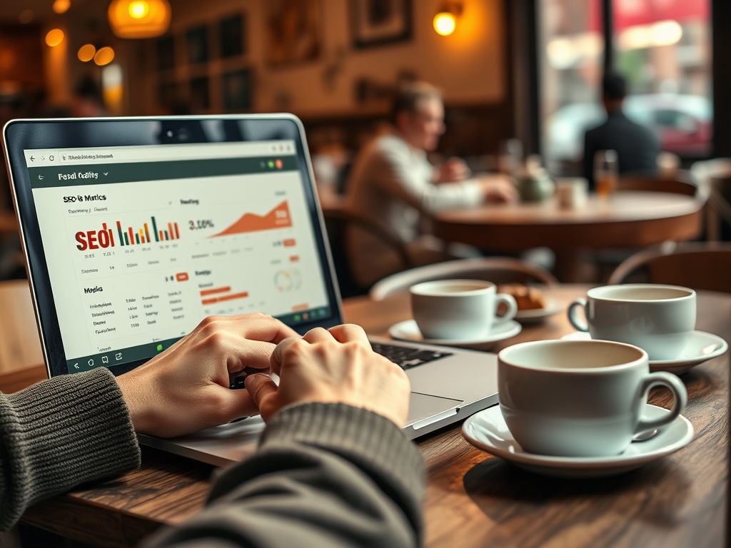 A person interacting with a laptop displaying SEO metrics, accompanied by three cups of coffee on a wooden table.