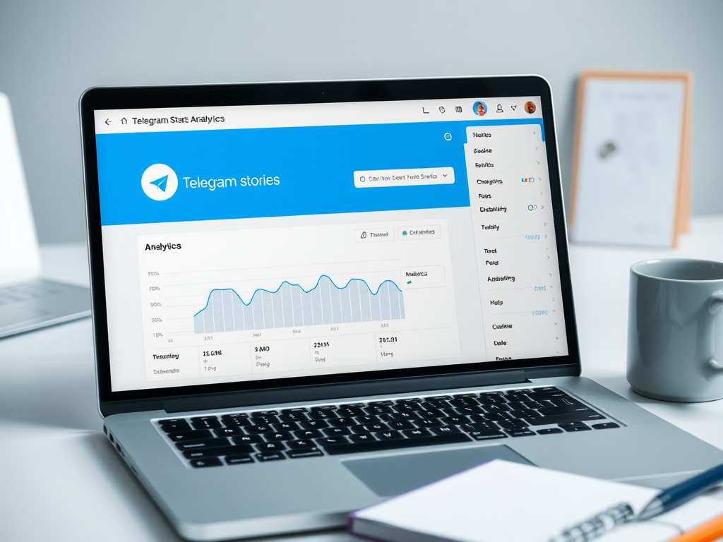 A laptop displaying Telegram Stories analytics with graphs and metrics on a work desk. A coffee mug is nearby.