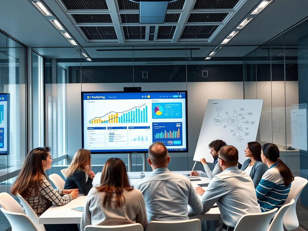 A group of professionals is seated around a table, focused on a large screen displaying marketing data and charts.