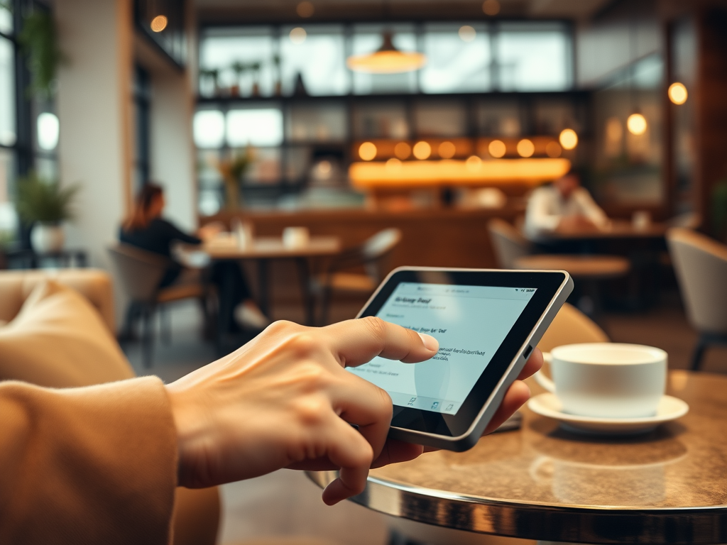 A hand holding a tablet displays content in a cozy café setting, with a coffee cup on the table.