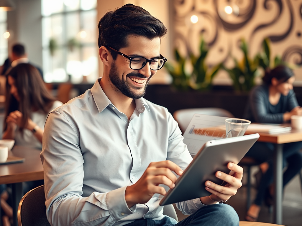 A smiling man in glasses enjoys using a tablet while sitting in a busy cafe filled with plants and people.