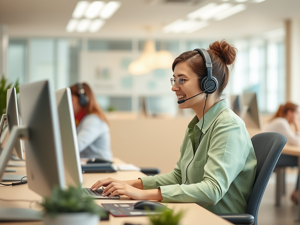 A woman in a headset smiles while working at a computer in a bright, modern office environment.