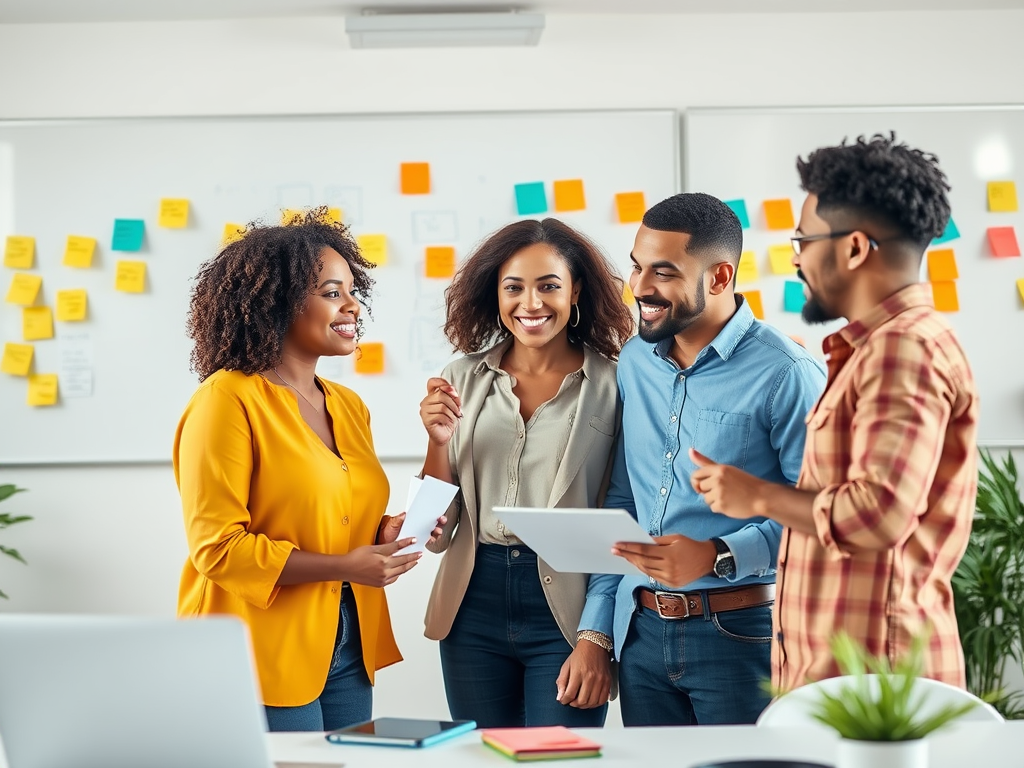 A diverse group of four professionals engaged in a cheerful discussion in a modern workspace filled with sticky notes.